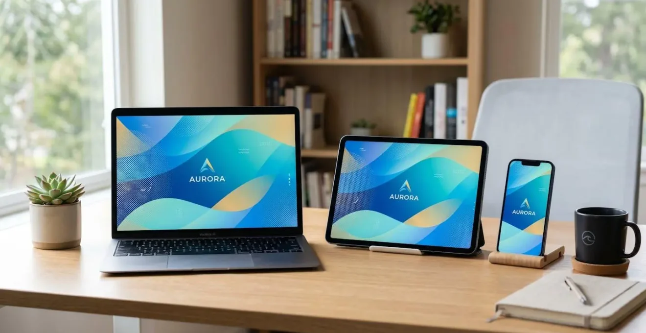 Branded visual content displayed consistently across a laptop, tablet, and smartphone screen in a marketing workspace