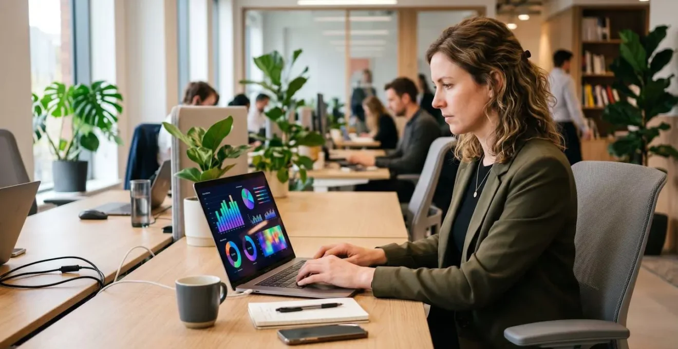 Marketing professional working on visual content creation using an online design platform on a laptop screen