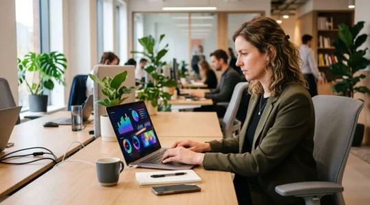 Marketing professional working on visual content creation using an online design platform on a laptop screen
