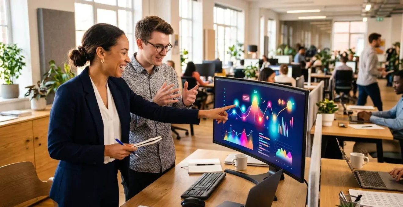 Two colleagues reviewing an animated infographic on a large office monitor, discussing visual content strategy